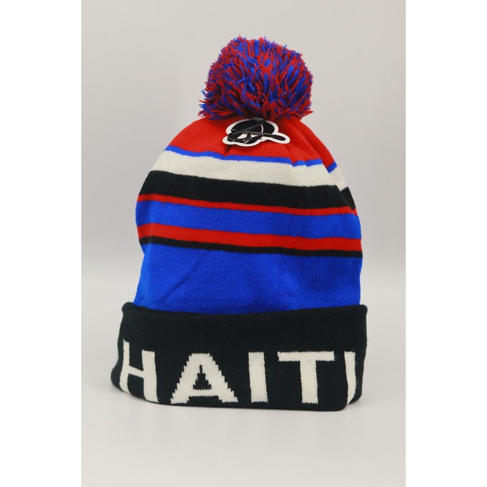 New League Haiti Beanie Hat Winter Knit Pom Pom Cap Fleece Lined Red Blue Stripe